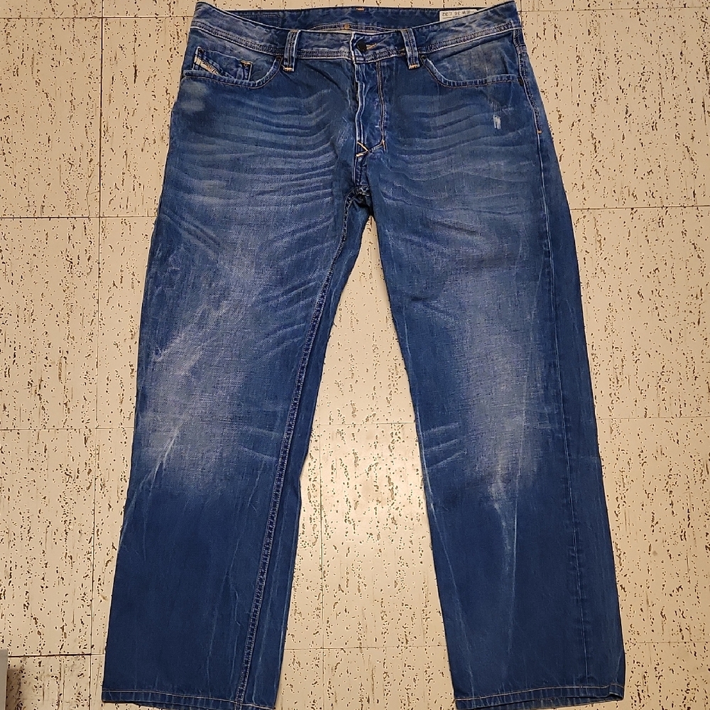 Diesel Industry Blue Larkee Regular Straight Fit Acid Washed Distressed Jeans